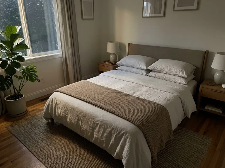 Refreshed bedroom at the end of one day, bed made crisply with a folded throw, cleared bedside tables with lamps, a plant by the window, calm evening light