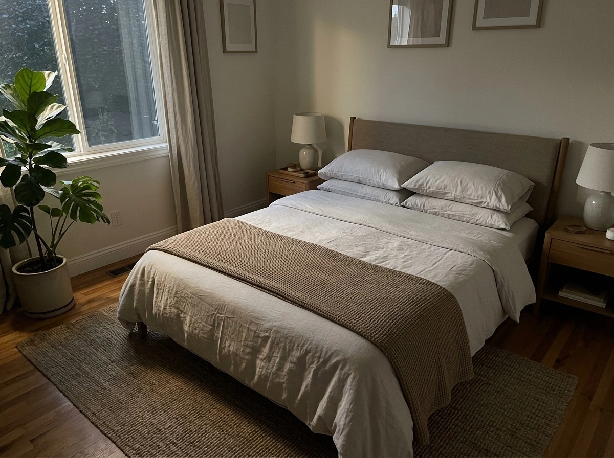 Refreshed bedroom at the end of one day, bed made crisply with a folded throw, cleared bedside tables with lamps, a plant by the window, calm evening light