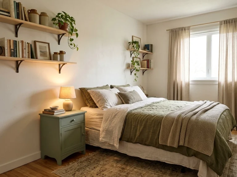 Freshly transformed bedroom after a weekend of DIY, simple built shelves, a painted side table, styled bed and warm lamps, finished and tidy