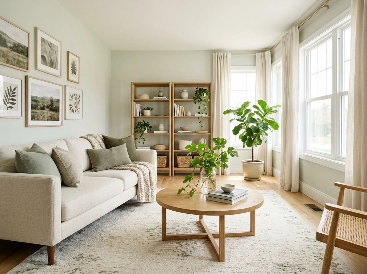 Bright refreshed living room after a free makeover, sofa pulled slightly off the wall, styled shelves, a plant in a glass jar on the coffee table, sunlight through clean windows, cream and sage palette