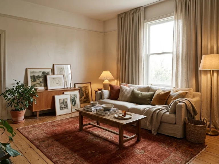 Living room makeover with no paint, deep rust rug, curtains hung high, layered cushions, leaning art and warm lamps, walls unchanged, cosy finished look