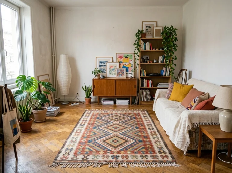 Cheerful rental apartment living room after a cheap makeover, large rug, covered sofa, lamps and plants, bright and personal, nothing fixed to the walls